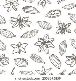 Hand drawn black and white star anise and cardamom seamless pattern. Simple spices design for culinary, botanical or holiday designs, highlighting spice, flavor and natural beauty, desserts, pastries