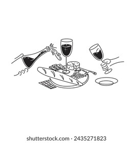 Hand drawn black and white still life with wine, grape and cheese vector. Sketch of cozy Italian or french cuisine