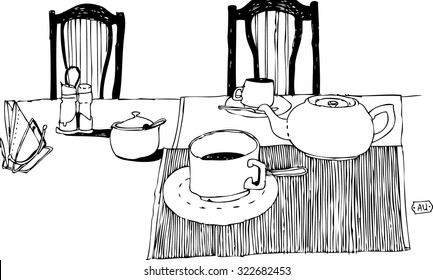 hand drawn black and white still life with cups and teapot vector