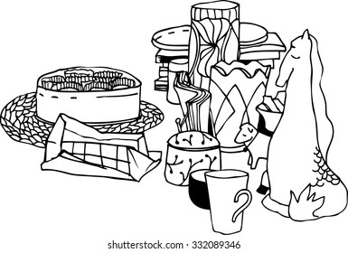 hand drawn black and white still life with tea and coffee cups and sweets ( biscuit , chocolate bar, candies ) vector