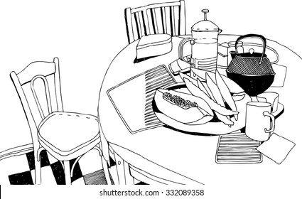 hand drawn black and white still life in interior with tea and coffee cups , teapot and melon  on vintage table vector