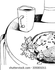 Hand drawn black and white still life with coffee cup and diet cake with parsley leafs. Sketchy illustration of healthy fresh breakfast