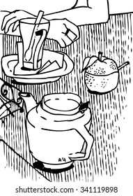 hand drawn black and white still life with cup of coffee, hands and teapot vector. Doodle style sketch illustration of cafe table.