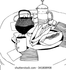 hand drawn black and white still life with tea and coffee cups, teapot and melon on  table vector. Vintage cafe postcard in sketchy style