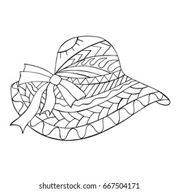 Hand drawn black and white Straw Hat. Zentangle cap for coloring book page and for relax and meditation, adult antistress. Vector illustration. 