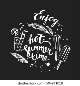 Hand drawn black and white summer design with brush lettering. Summer time, dragonfly, ink stains, cocktail.