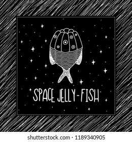 Hand Drawn Black and White surreal jelly and fish Doodle card. Illustrations Drawing Vector Sketch for textile, print, postcard, text, invitation, poster, background, book,