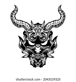 Hand Drawn Black And White Tattoos Artwork  Devil Satan Mask Oni Demon Horn Vector Illustration