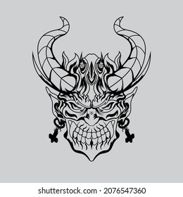 Hand Drawn Black And White Tattoos Artwork Devil Satan Mask Oni Demon Horn Vector Illustration
