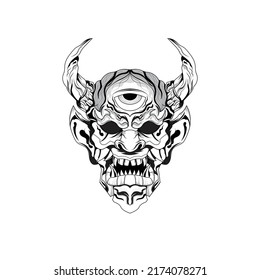 Hand Drawn Black And White Tattoos Artwork Devil Satan Mask Oni Demon Horn Vector Illustration