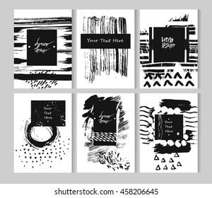 Hand drawn black and white textured artistic cards template set with place for your text.