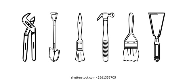 Hand drawn black and white tool icons: wrench, shovel, paintbrush, hammer, scraper - perfect for DIY and construction designs