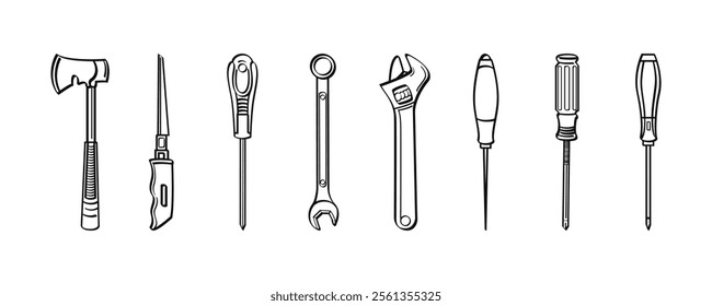 Hand drawn black and white tool icons. axe, utility knife, screwdriver, wrench, spanner - perfect for DIY, crafting, and repair projects