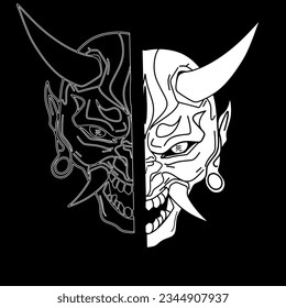  Hand Drawn Black And White Traditional Japanese Oni Mask Tattoo T-shirt Lifestyle Design Branding Identity Illustration