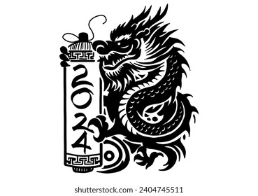 hand drawn black and white traditional chinese dragon. chinese new year 2024