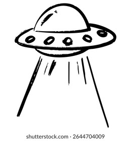 Hand Drawn Black and White UFO Illustration with Light Beam