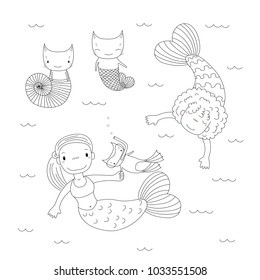 Hand drawn black and white vector illustration of cute little mermaid girls, cat in swim fins and scuba mask, in a sea shell, with a fish tail. Isolated objects. Design concept for kids coloring pages