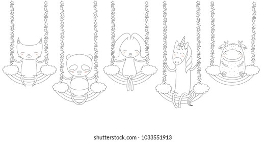 Hand drawn black and white vector illustration of a cute funny cat, bunny, panda, little monster, unicorn swinging on rainbows. Isolated objects. Design concept for children coloring pages.