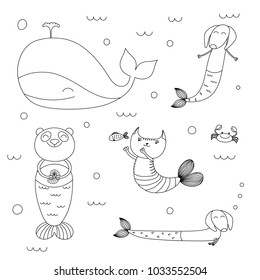 Hand drawn black and white vector illustration of cute whale, mermaid cat, dachshunds, panda, fish, crab, swimming in the sea. Isolated objects. Design concept for children coloring pages.