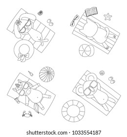 Hand drawn black and white vector illustration of cute funny unicorn, koala, bunny and cat in sunglasses, lying on beach towels. Isolated objects. Design concept for children coloring pages.