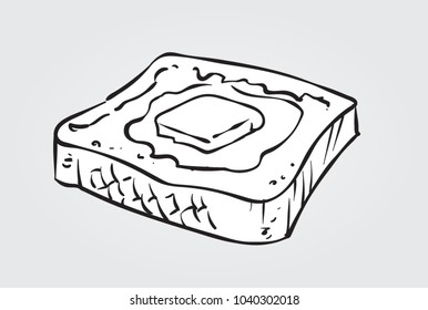 Hand drawn black and white vector illustration of a French toast with a slice of butter.