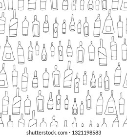 Hand drawn black and white vector seamless pattern with doodle wine  bottles. Sketch drawing