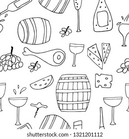 Hand drawn black and white vector seamless pattern with doodle cheese, wine glasses, bottles and grapes. Sketch drawing