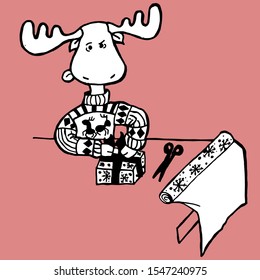 Hand drawn black and white vector illustration of moose wrapping Christmas gift.