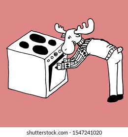 Hand drawn black and white vector illustration of moose cooking Christmas dinner.