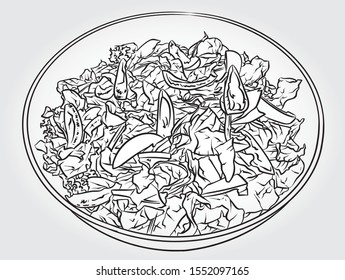 Hand drawn black and white vector illustration of fresh garden salad of leafy greens and tomato. Healthy food.