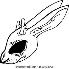 Hand drawn black and white vector illustration of a rabbit`s head with horns.