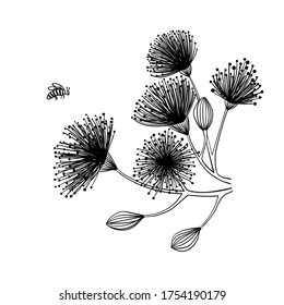 Hand drawn black and white vector illustration of imaginary graphic flowers and a flying insect