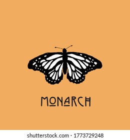 Hand drawn  black and white vector illustration  of Monarch butterfly in retro style.