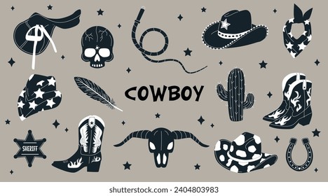 Accesorios de vectores vectores de vaquero dibujados a mano en blanco y negro. Colección de elementos retro. El tema de Cowboy Western y Wild West. Juego de sombrero de vaquero, botas, cactus, lasso, cráneo de vaca, herradura, silla, pluma.