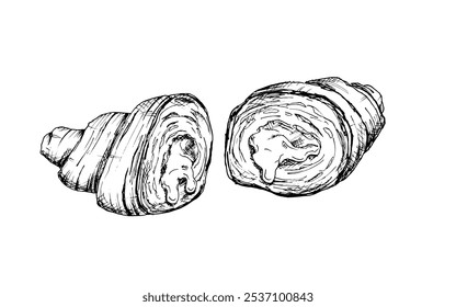 Ilustración vectorial en blanco y negro dibujada a mano de las capas internas y relleno de un croissant. Boceto que muestra la textura en capas y enrollada de la masa francesa. Ideal para panadería, comida o diseño culinario.