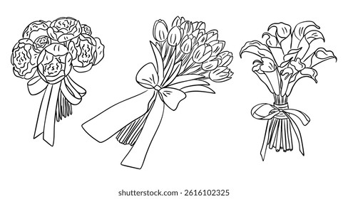 Hand drawn black and white vector doodle illustration of three flower bouquets with ribbons. Elegant floral composition representing wedding, celebration and romance
