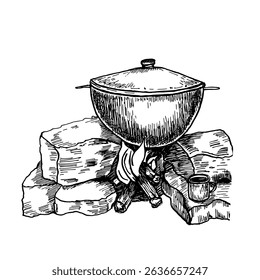 Hand drawn black white vector illustration of a cast iron pot over campfire. Cauldron with lid standing on stones, burning logs drawing. Rustic outdoor cooking sketch for camping, bushcraft prints.
