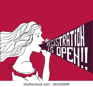 Hand Drawn Black And White Vector Retro Girl With Her Hand At The Mouth Shouting Out Loud Registration Is Open.
