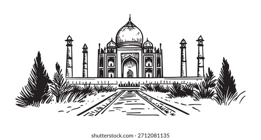 Dibujado a mano Ilustración vectorial en blanco y negro del famoso Lugar famoso Taj Mahal en la India con camino ajardinado