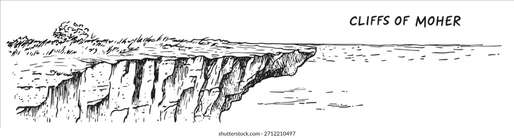 ilustração de vetor preto e branco desenhado à mão das famosas falésias de Moher na Irlanda com vista para o mar