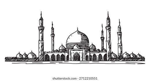 Bosquejo de Vector en blanco y negro dibujado a mano de una mezquita islámica tradicional con minaretes y cúpulas
