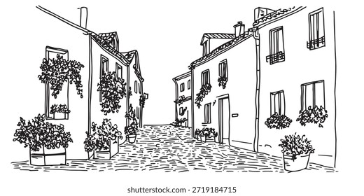 Dibujado a mano Ilustración vectorial en blanco y negro de una estrecha calle de adoquines con flores y casas antiguas