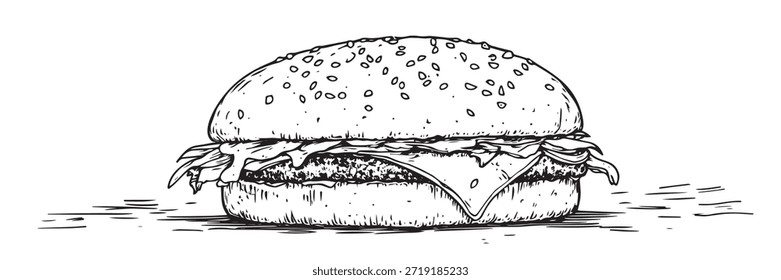 Ilustración vectorial en blanco y negro dibujada a mano de una hamburguesa clásica con queso y verduras