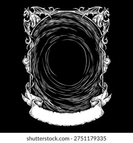 Hand drawn black and white vector illustration of a creepy frame.