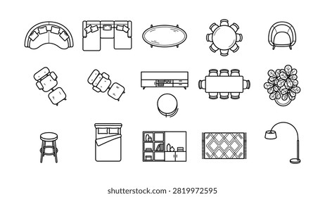 Hand drawn black and white vector illustration showing various furniture items seen from above