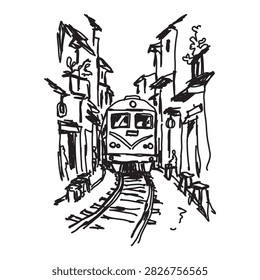 Hand drawn black and white vector sketch of a train approaching on railway tracks through a narrow street lined with buildings.