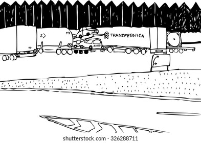 hand drawn black and white vector illustration of trucks 