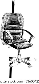 Hand drawn black and white vector illustration of office armchair with nobody on. Sketch style black ink illustration.