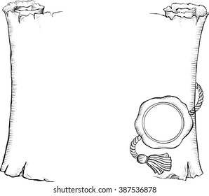 Hand drawn black and white vector illustration frame looking like old parchment with seal.
