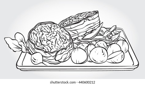 Hand Drawn Black And White Vector Illustration Of Bacon Wrapped Fillet Mignon Steaks With Potato, Green Beans And Radish On A Plate.